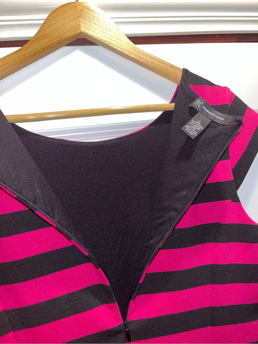INC International Concepts Black and Pink Striped Fit-and-Flare Dress